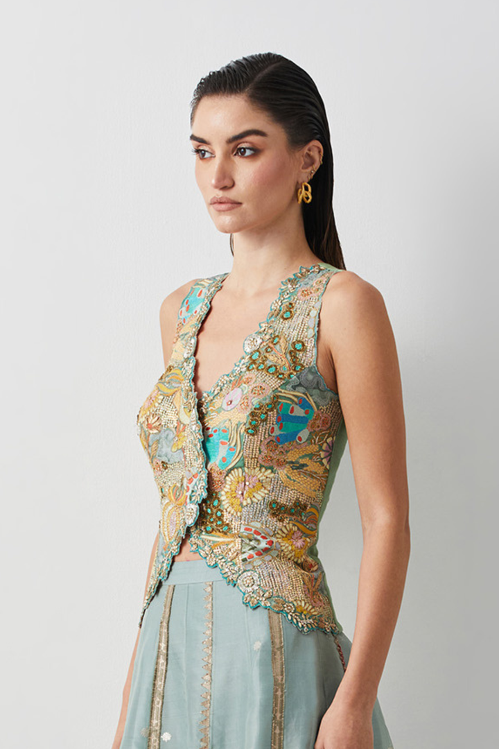 Aqua Gold Embroidered Corset