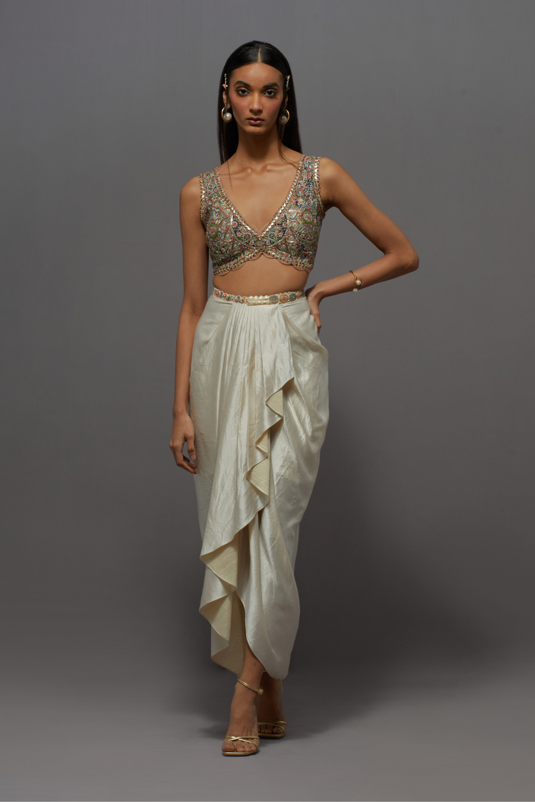 Olive green &amp; ivory embroidered dhoti with embroidered cape blouse set