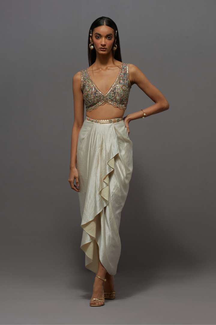 Olive green &amp; ivory embroidered dhoti with embroidered cape blouse set