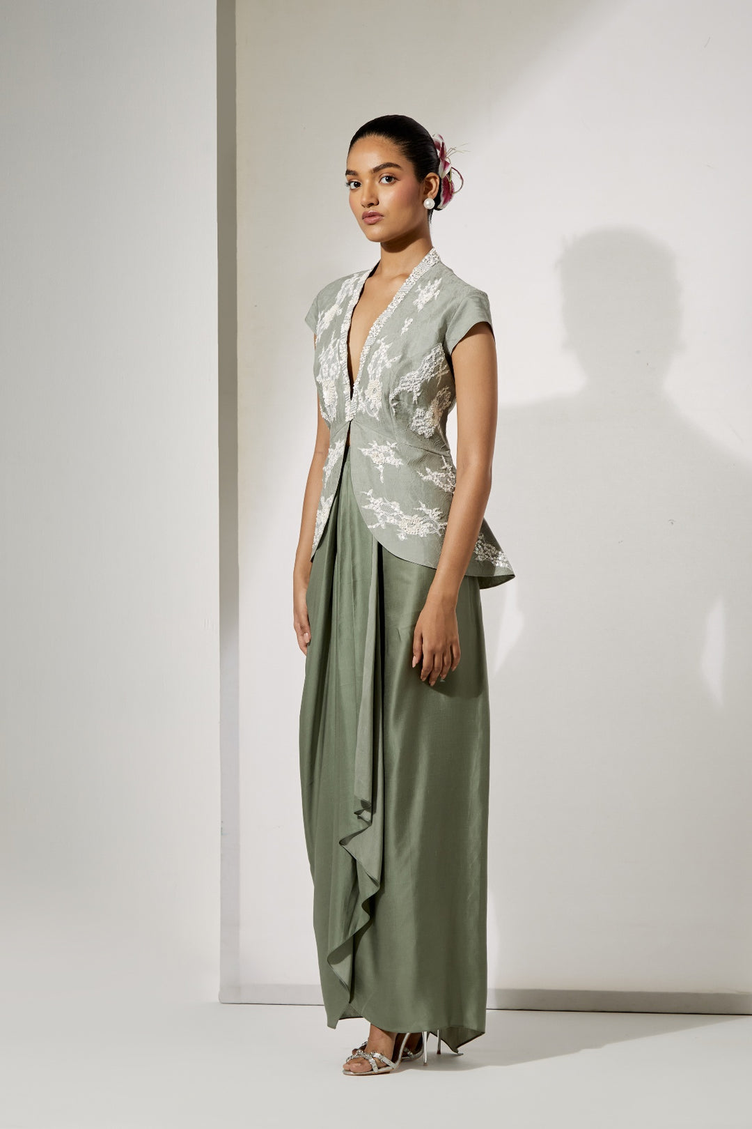 Sage Foil Silk Top &amp; Draped Satin Skirt Set