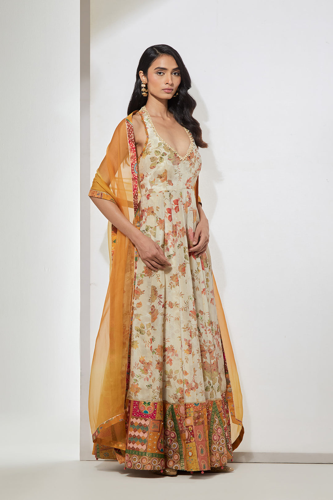 Ivory Floral Printed Anarkali Set