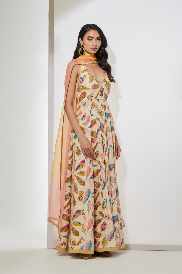 Ivory Feather Print Embellished Anarkali