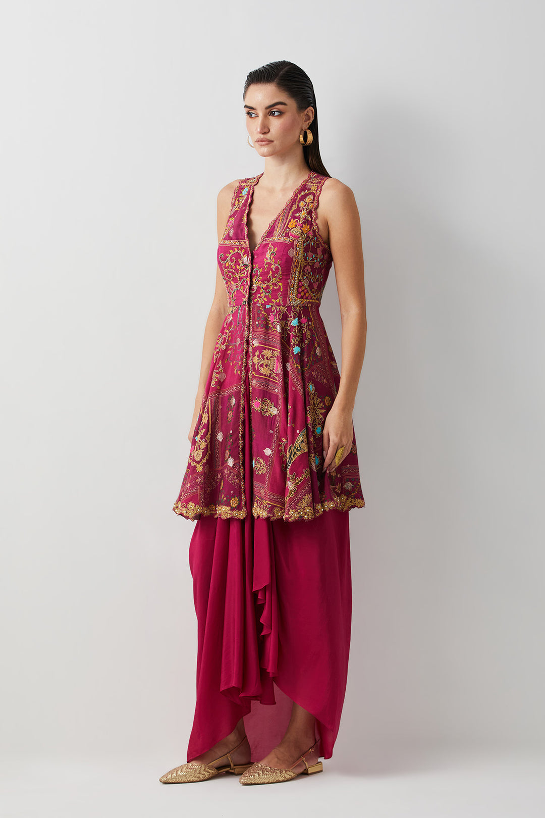 Magenta embroidered peplum skirt set
