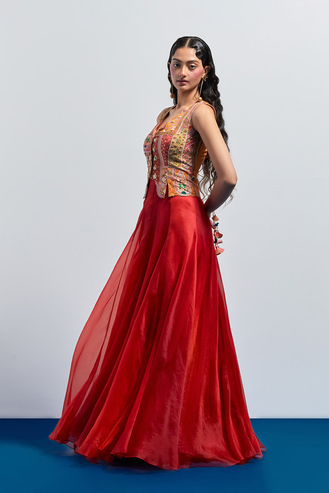 Burnt orange embroidered corset skirt set