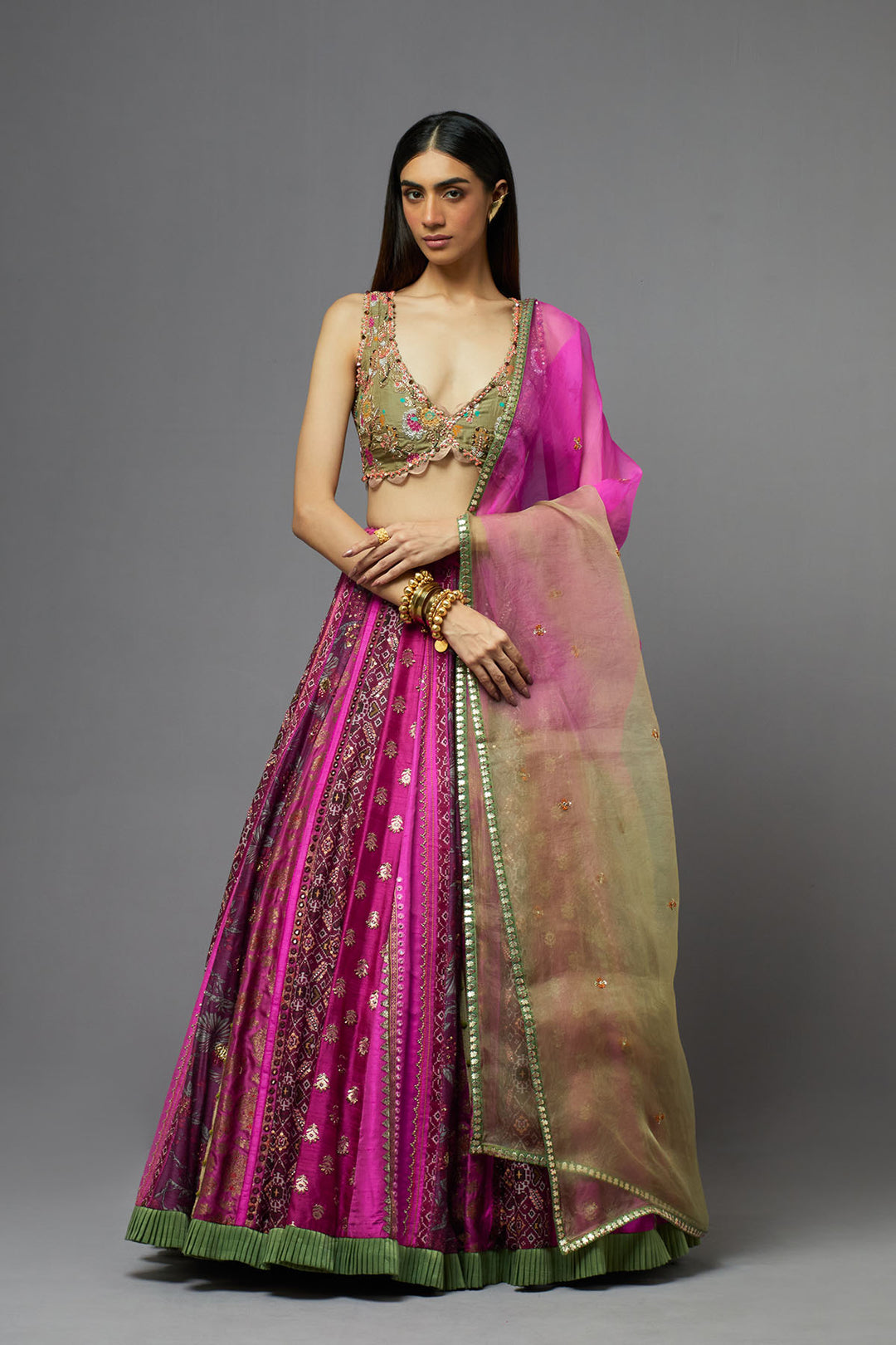 Hot pink Embroidered lehenga set with ombre dupatta