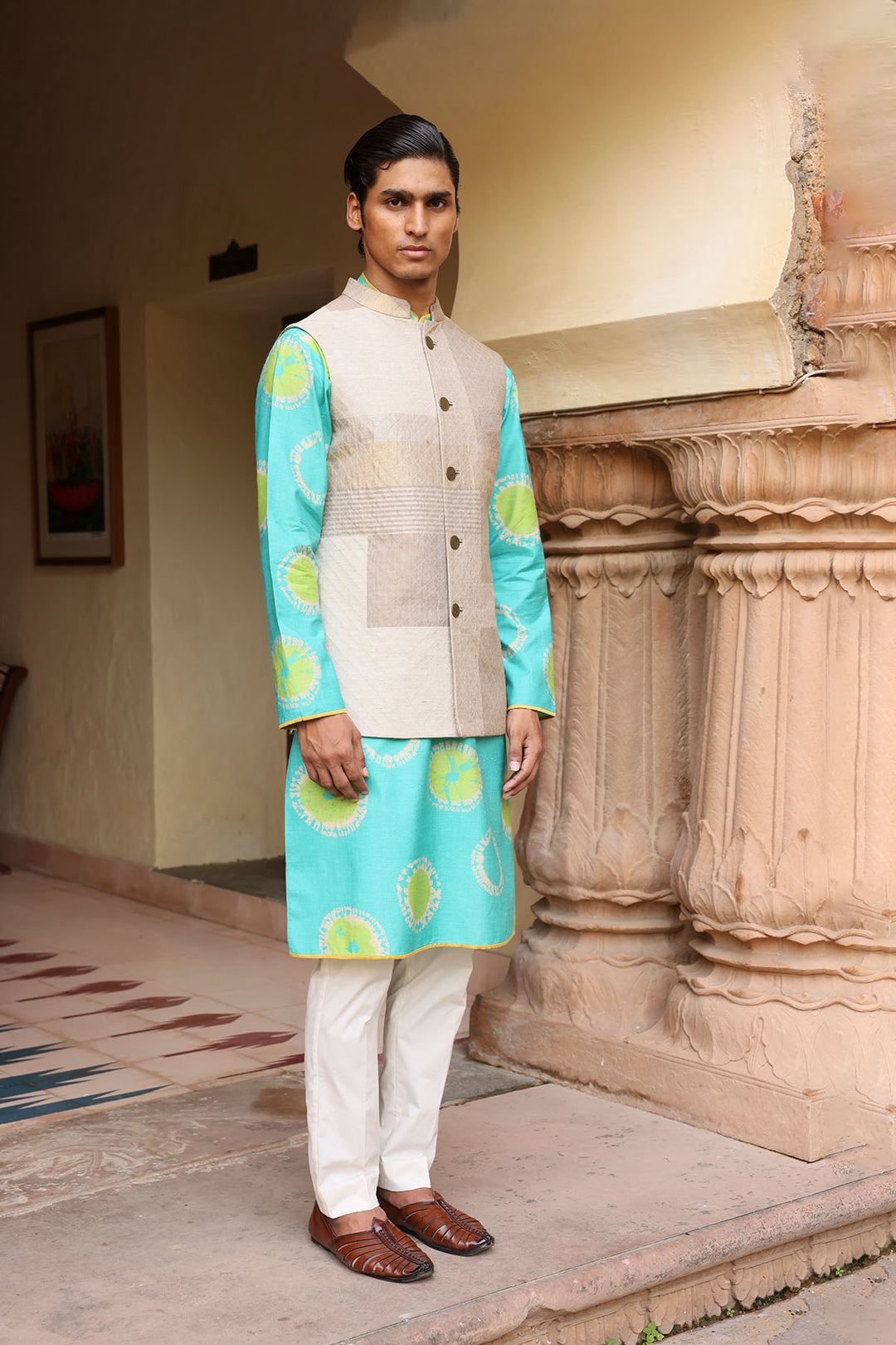 Ferozi Silk Kurta Set with Beige Tissue Jacket