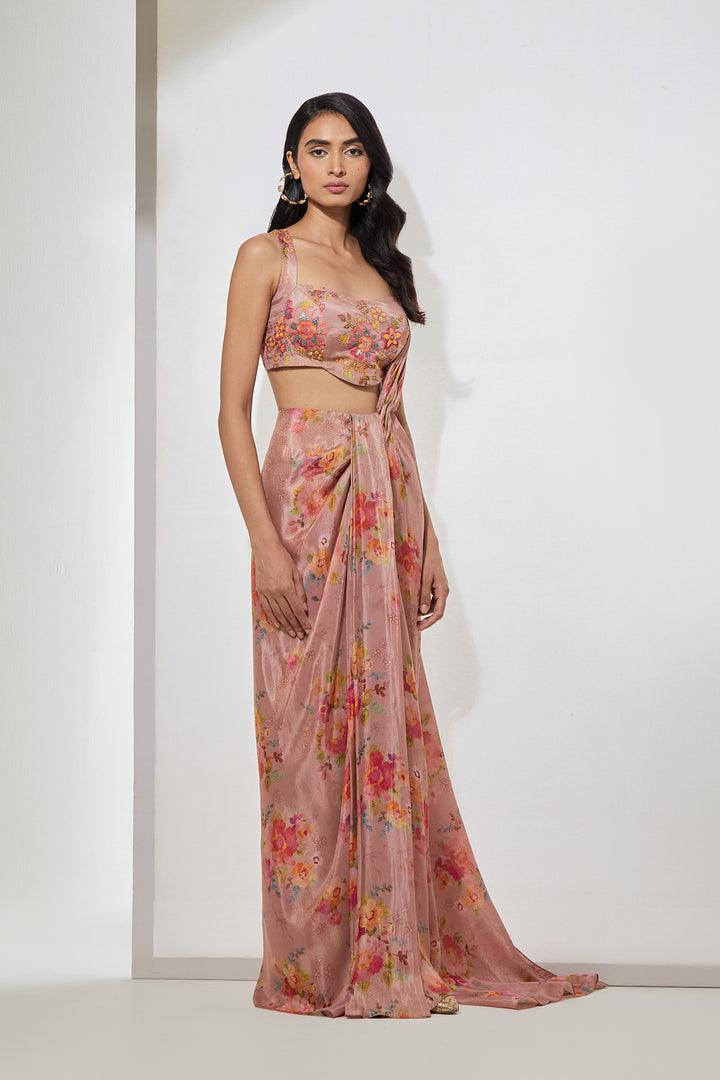 Blush Pink Floral Printed Pre-Draped Saree with Corset Blouse