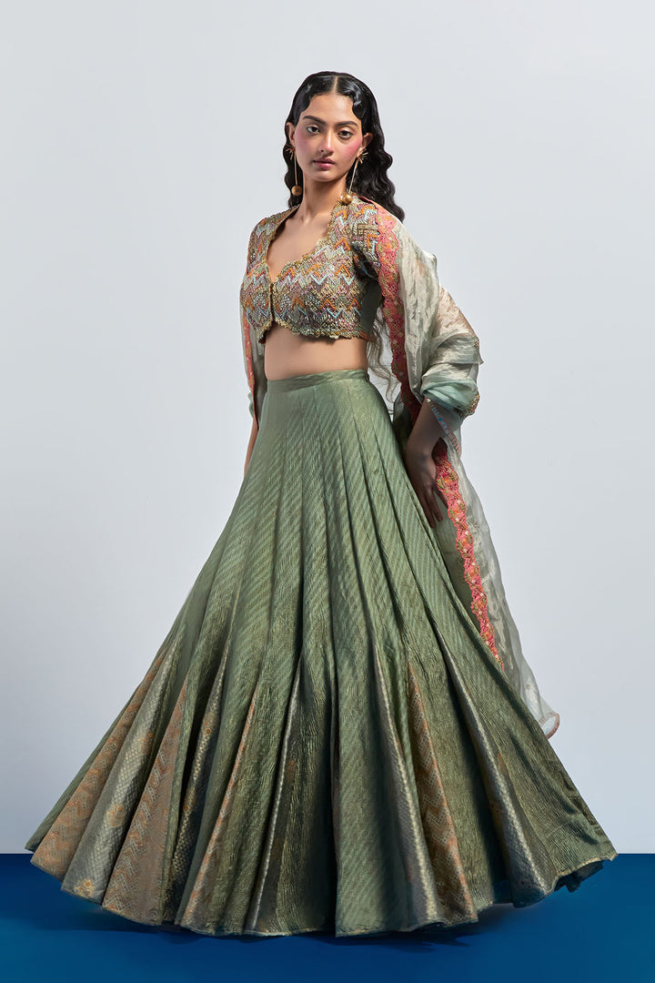 saga green embroidered lehenga choli dupatta set