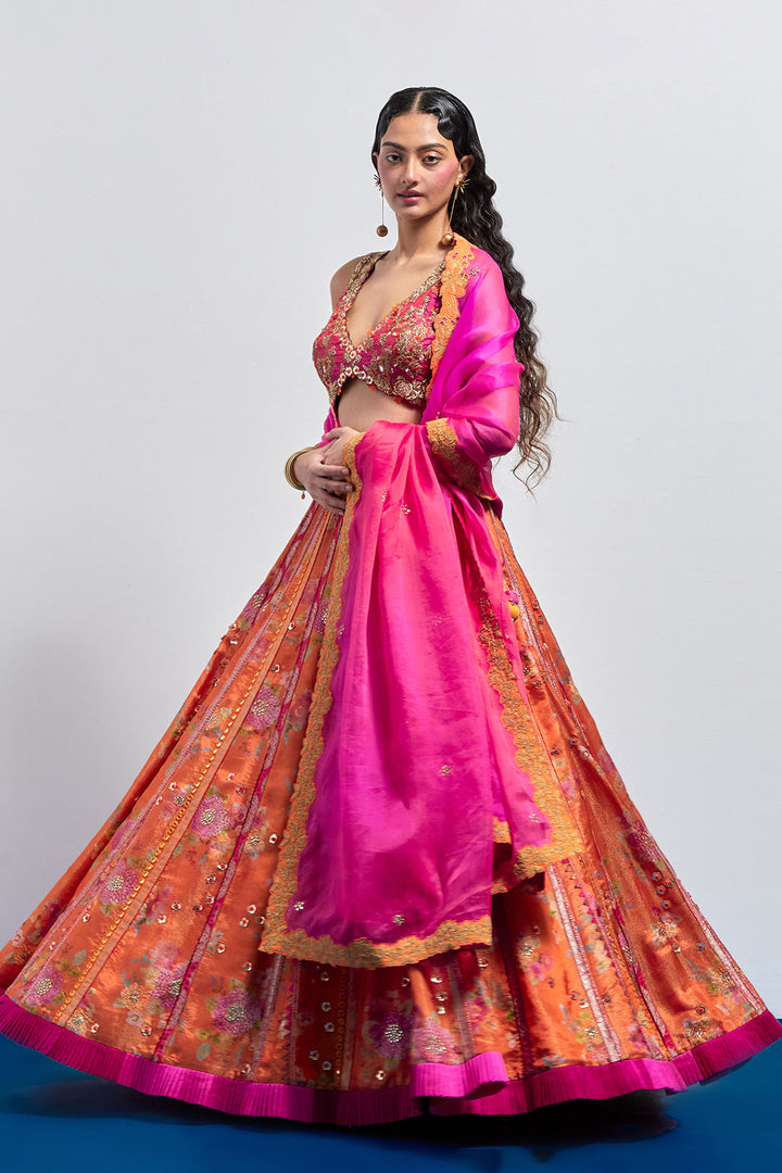 Orange printed embroidered lehenga dupatta set