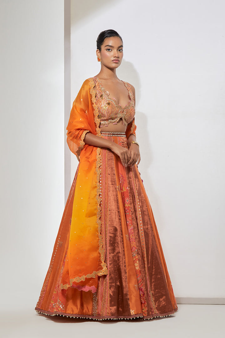 Sunset Orange Embroidered Lehenga Set with Dupatta