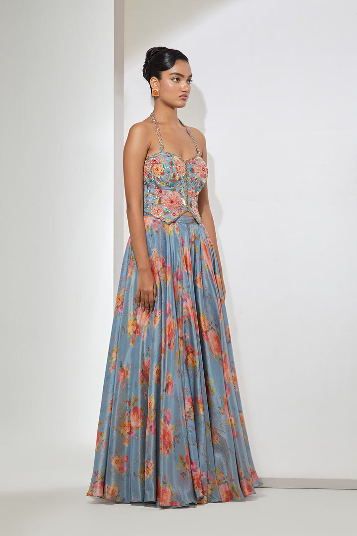 Azure Bloom Embroidered Corset &amp; Printed Skirt Set