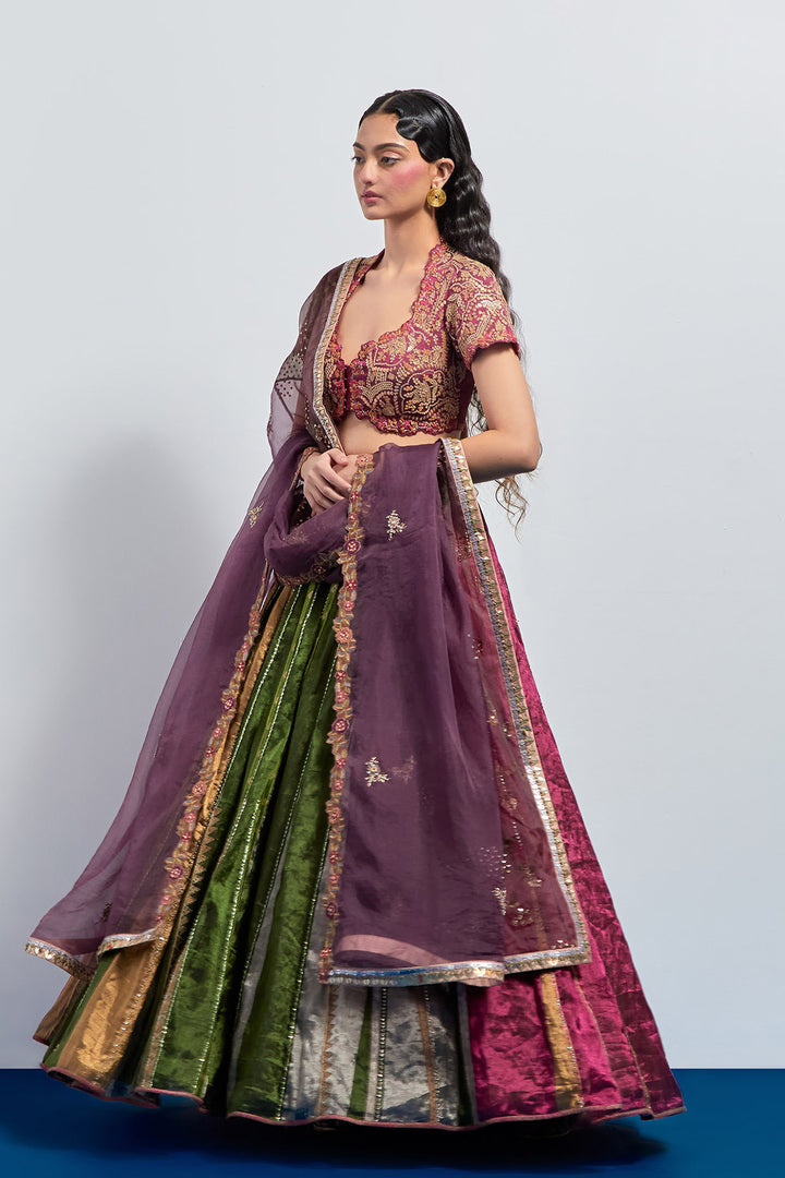 Multicolour striped embroidered lehenga set
