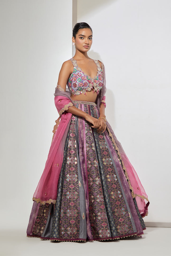 Lilac Patchwork Lehenga Set with Floral Embellished Bralette &amp; Ombre Dupatta