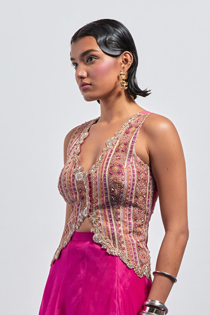 Nude-Pink Embroidered Scallop Corset+Fuschia Organza Flared Skirt