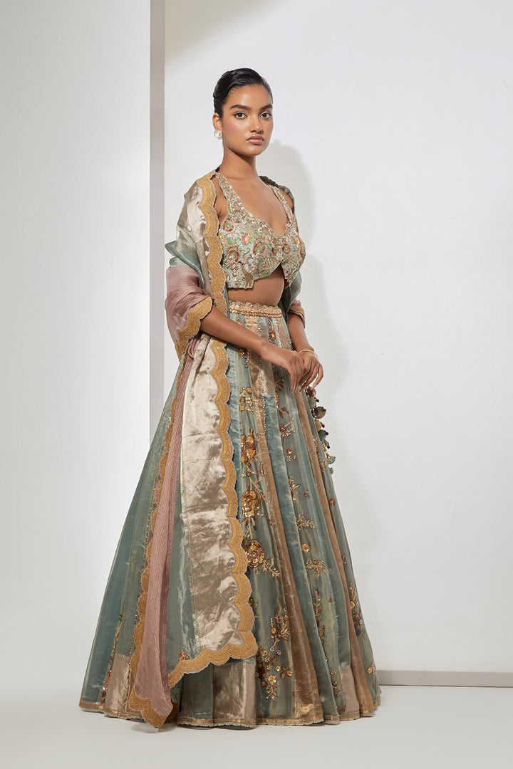 Aqua Floral Embroidered Lehenga Set with Bralette Blouse &amp; Dupatta