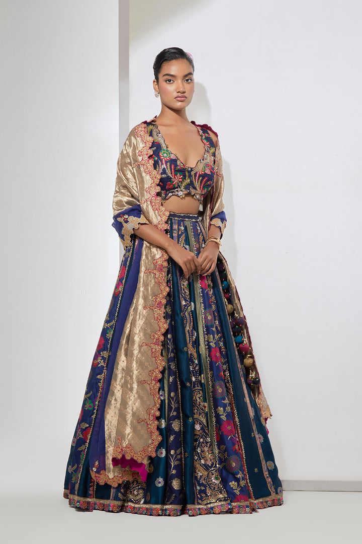 Midnight Blue Floral Embroidered Lehenga Set with Dupatta