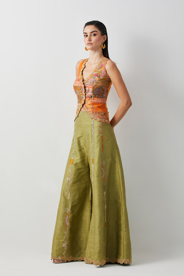 Embroidered silk jacket top with olive plazzo set.