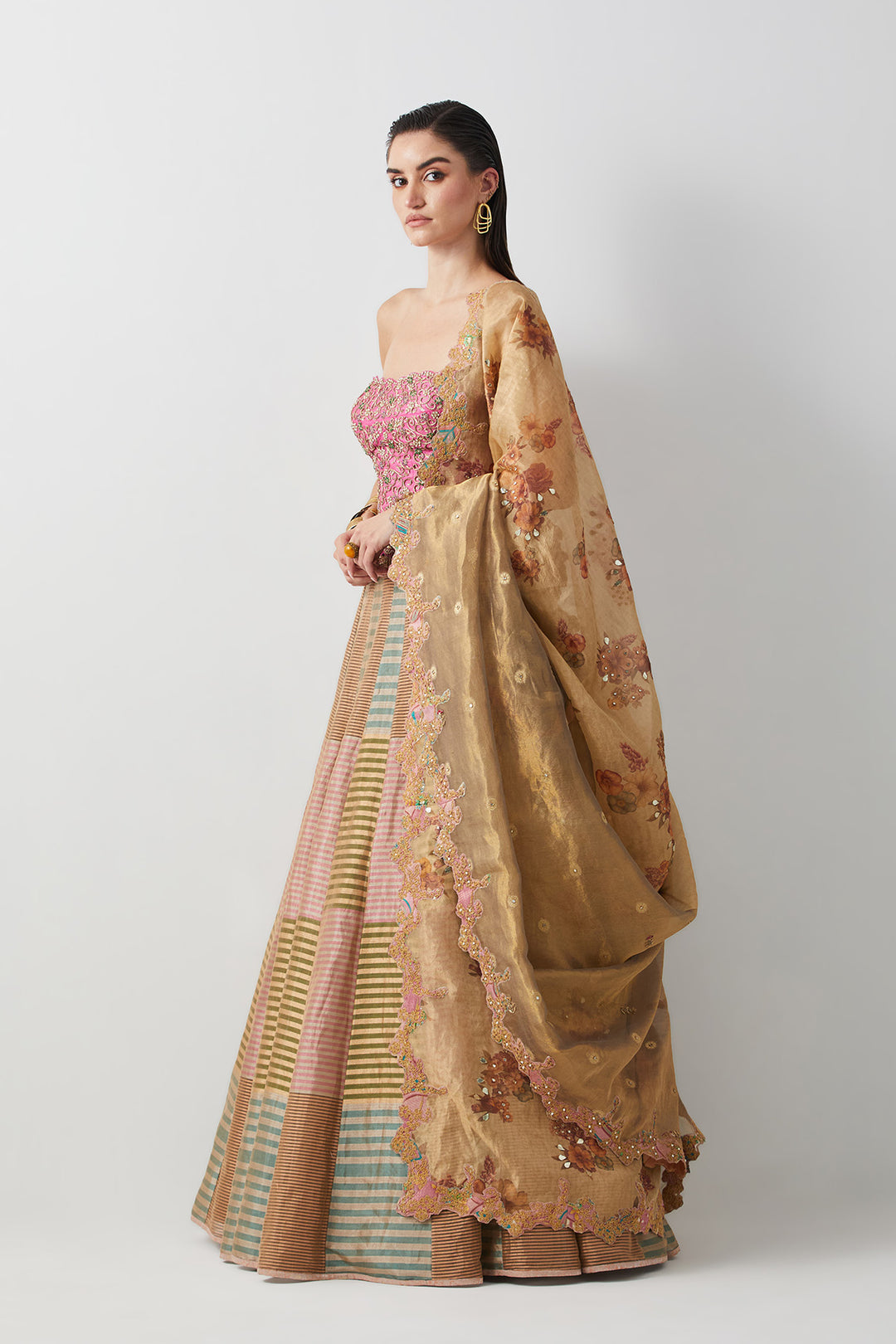 Mauve &amp; Gold embroidered corset lehenga set