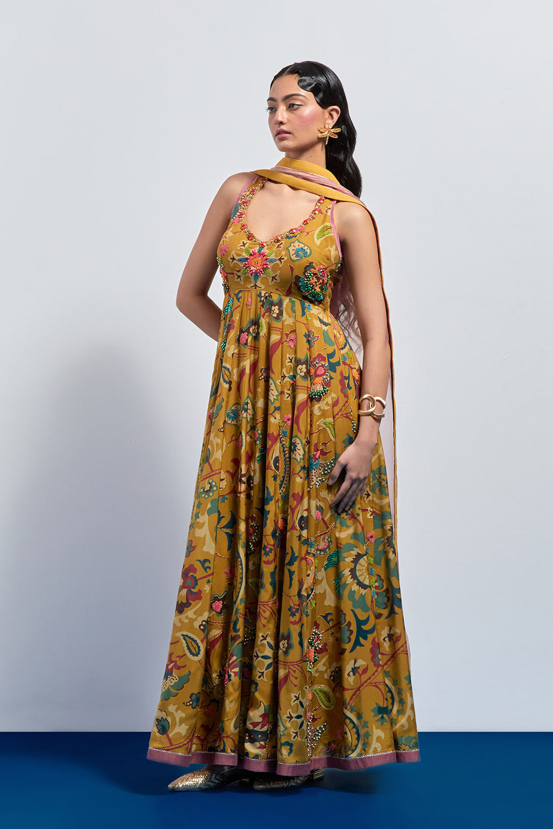 Mustard yellow hand embroidered anarkali set