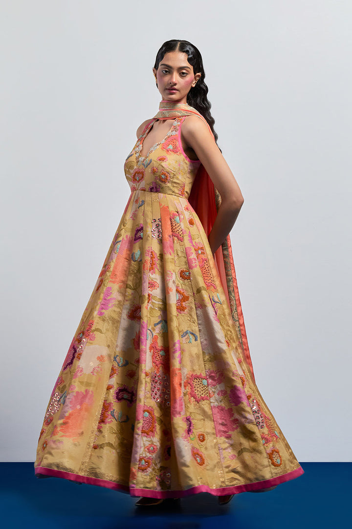 Beige yellow floral embroidered anarkali set