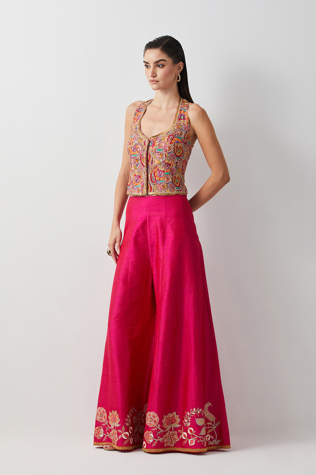 Hot pink embroidered and multi corset plazzo set