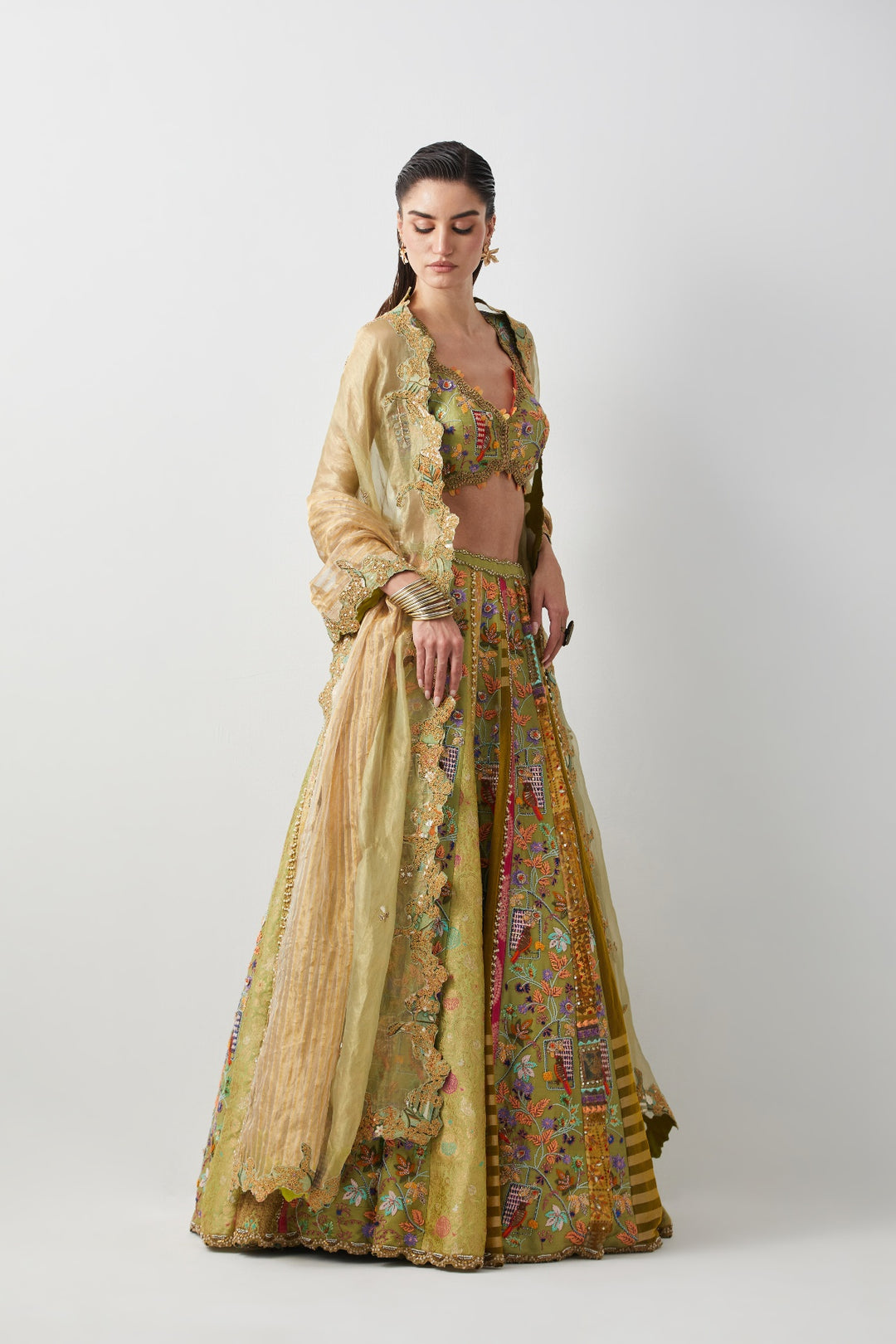 Lime Yellow Hand Embroidered Silk Lehenga Set