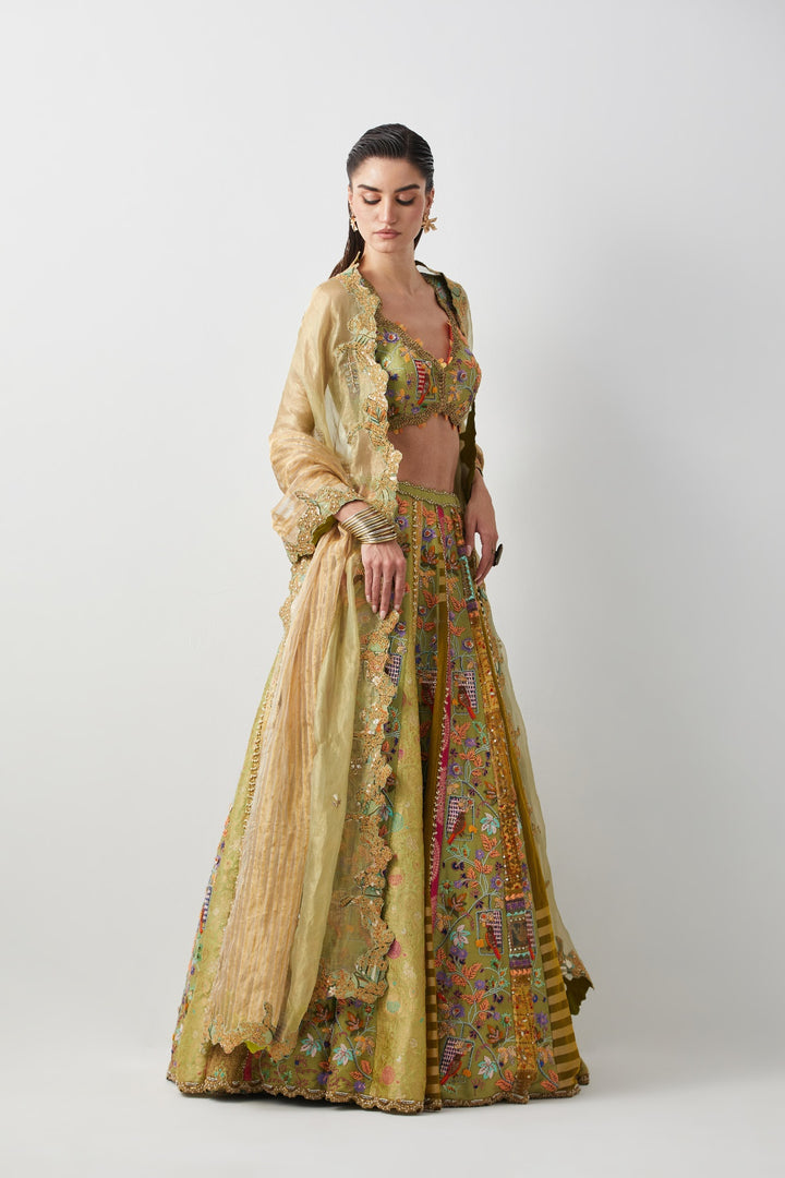 Lime Yellow Hand Embroidered Silk Lehenga Set