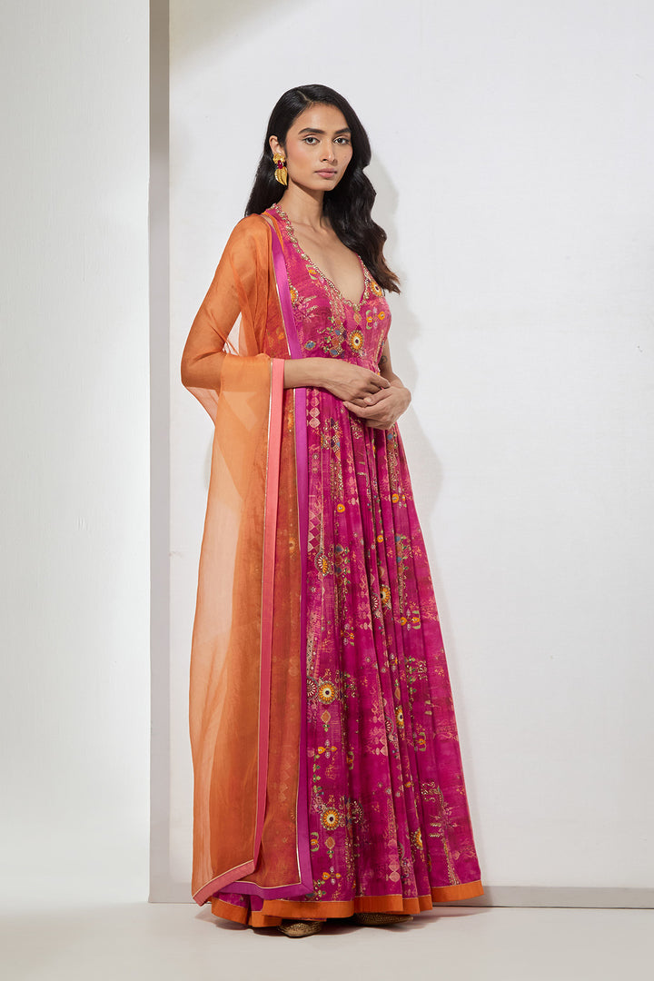 Fuchsia Floral Printed Anarkali Set
