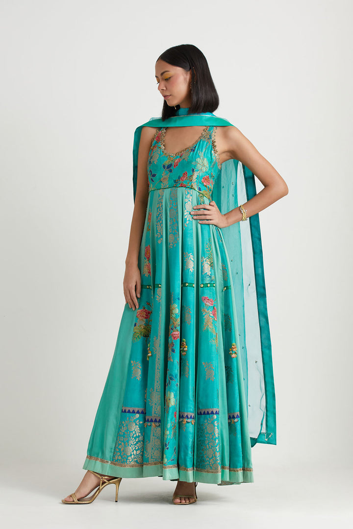 Aqua printed embroidered anarkali with dupatta
