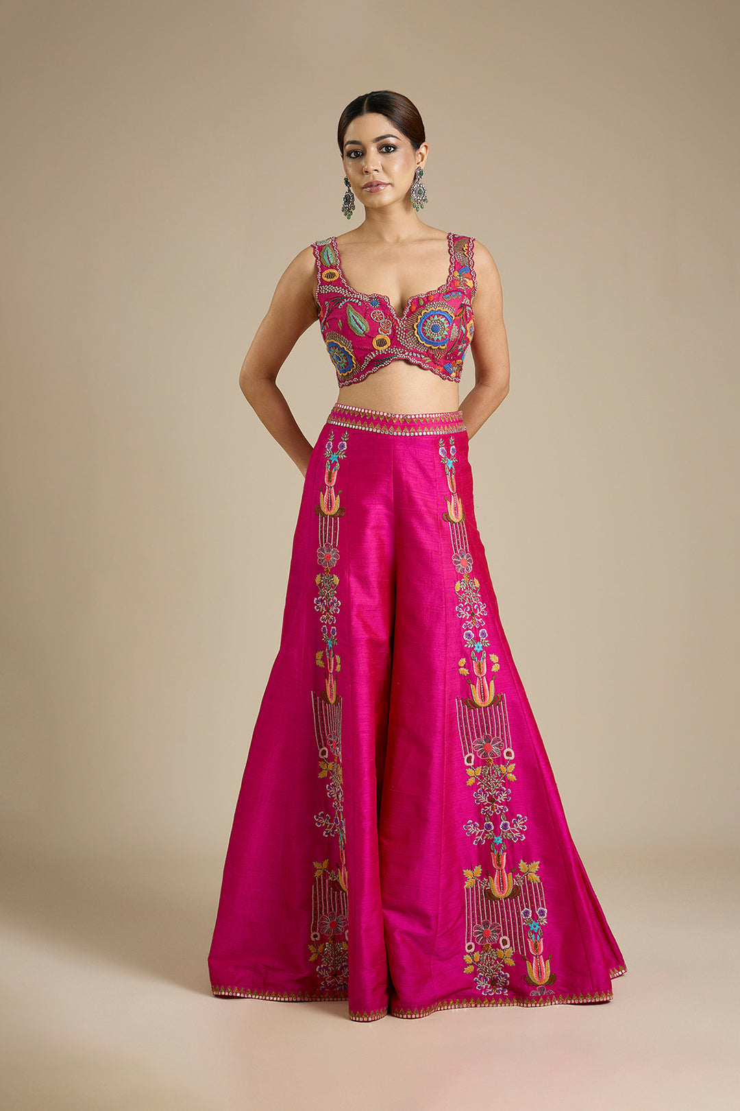 Fuchsia Pink Embroidered Cape &amp; Sharara Set | RTS