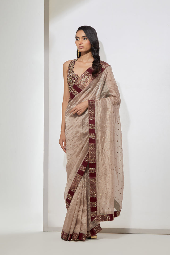 Ivory Tissue Saree with Multicolour Hand-Embellished Blouse