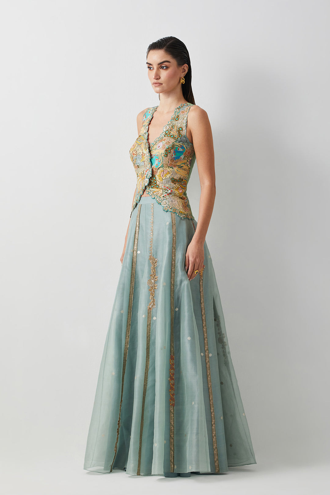 Aqua embroidered skirt corset set
