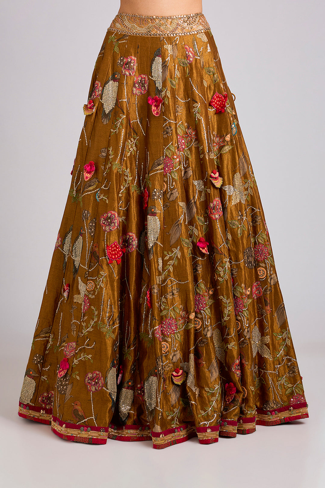 Olive Gold Floral Embroidered Lehenga Set with Blush Pink Organza Dupatta | RTS