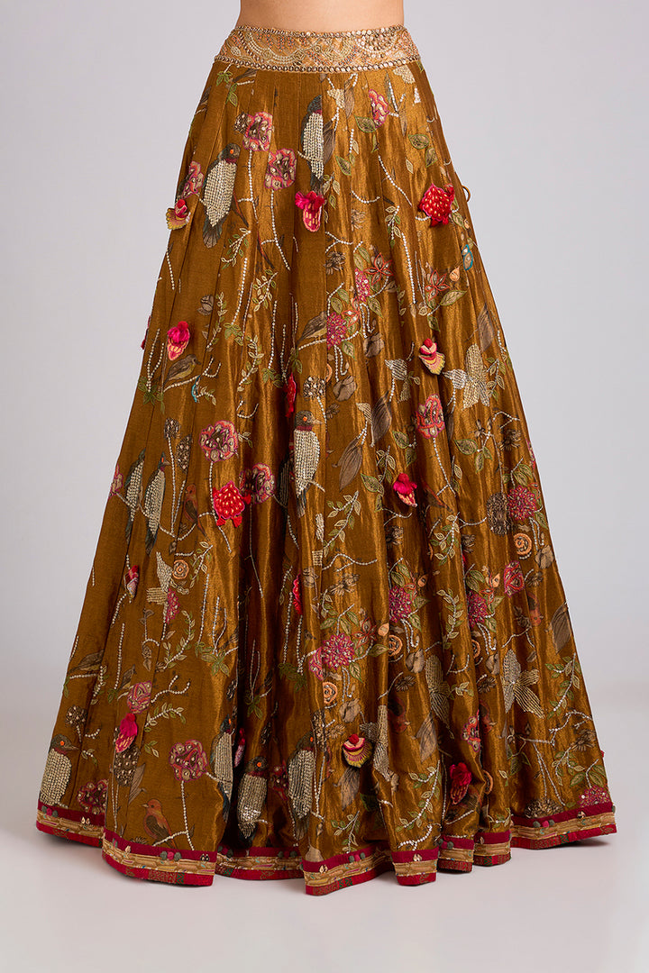 Olive Gold Floral Embroidered Lehenga Set with Blush Pink Organza Dupatta | RTS