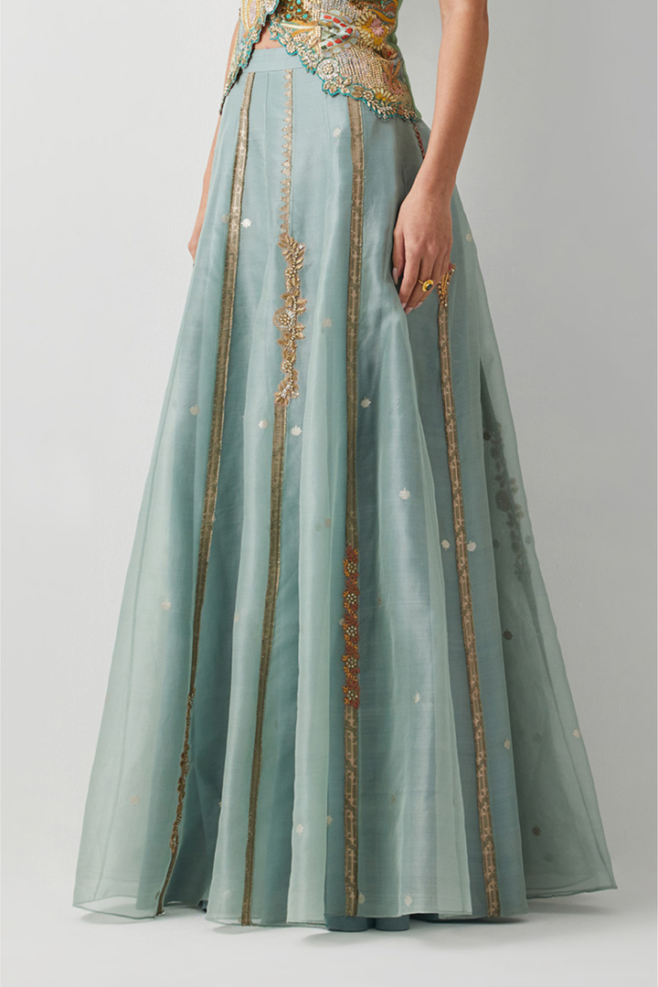 Seafoam Embroidered Organza Skirt+Pastel Patchwork Embroidered Corset