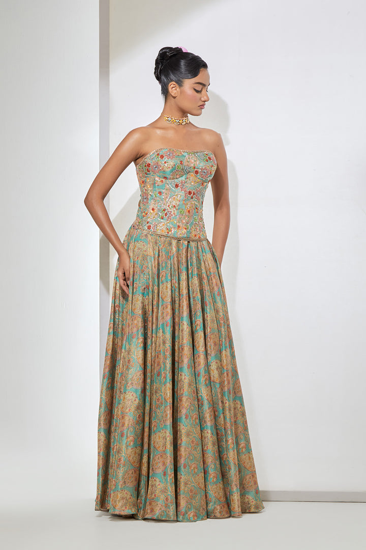 Aqua Paisley Embellished Corset with Printed Skirt Set