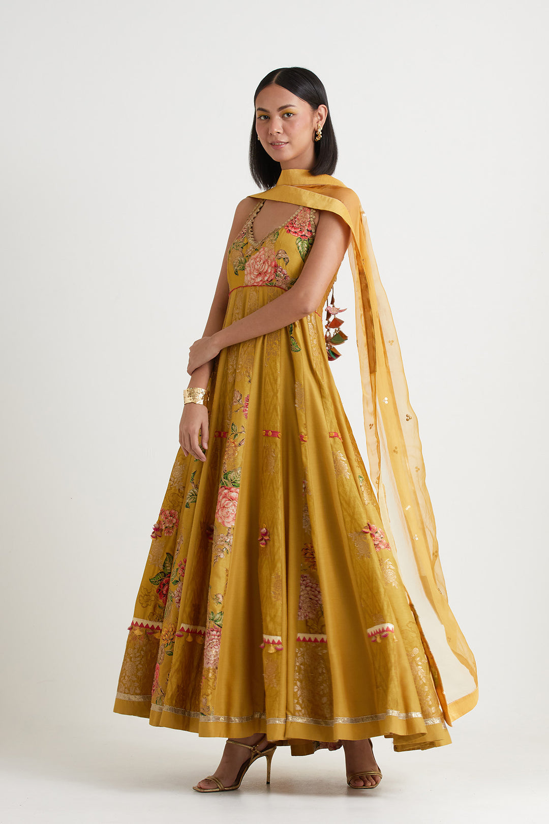 Mustard printed embroidered anarkali with dupatta
