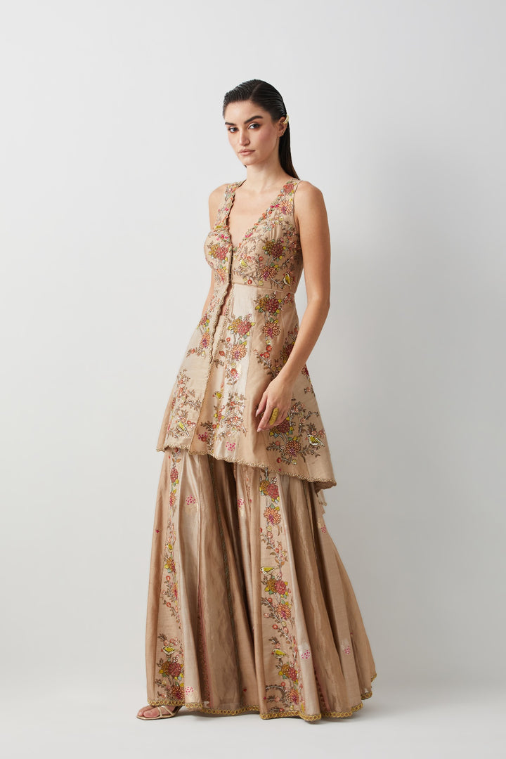 Ivory Silk Embroidered Peplum Sharara Set
