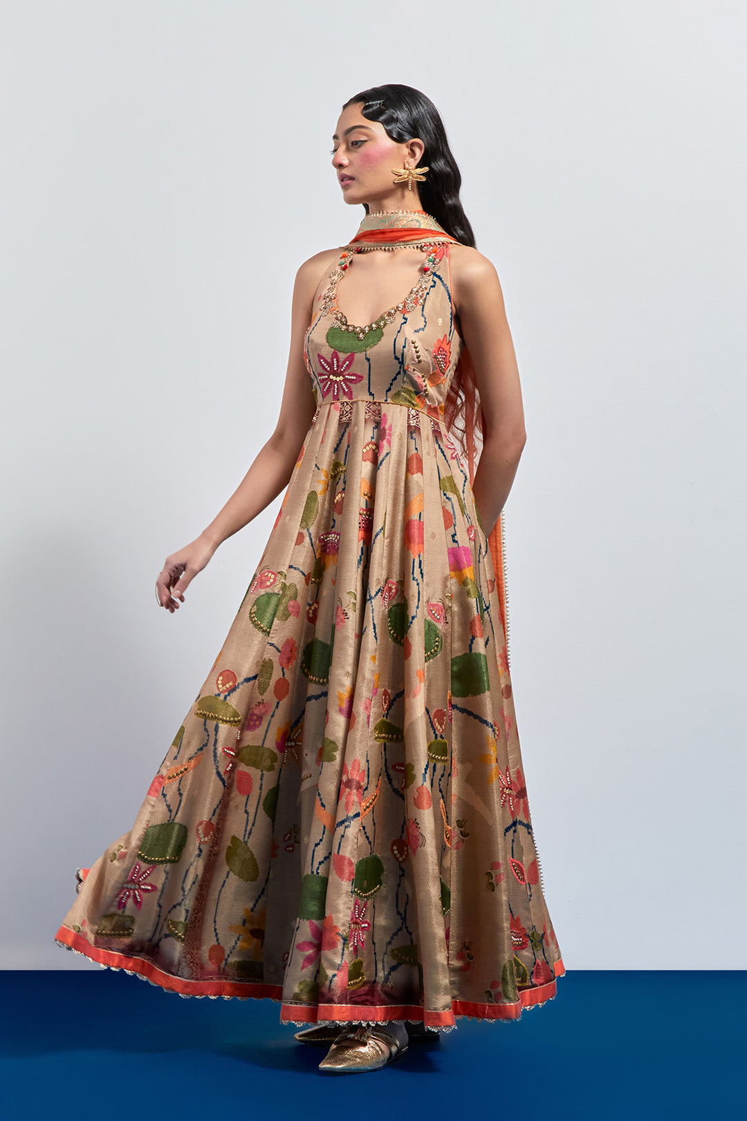 Beige floral anarkali set