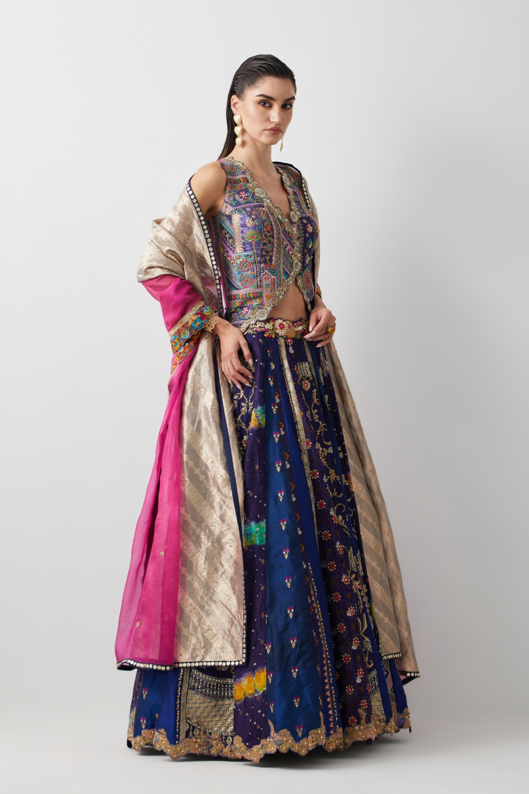 Royal Blue Silk &amp; Brocade Lehenga Set with Corset and Organza Dupatta