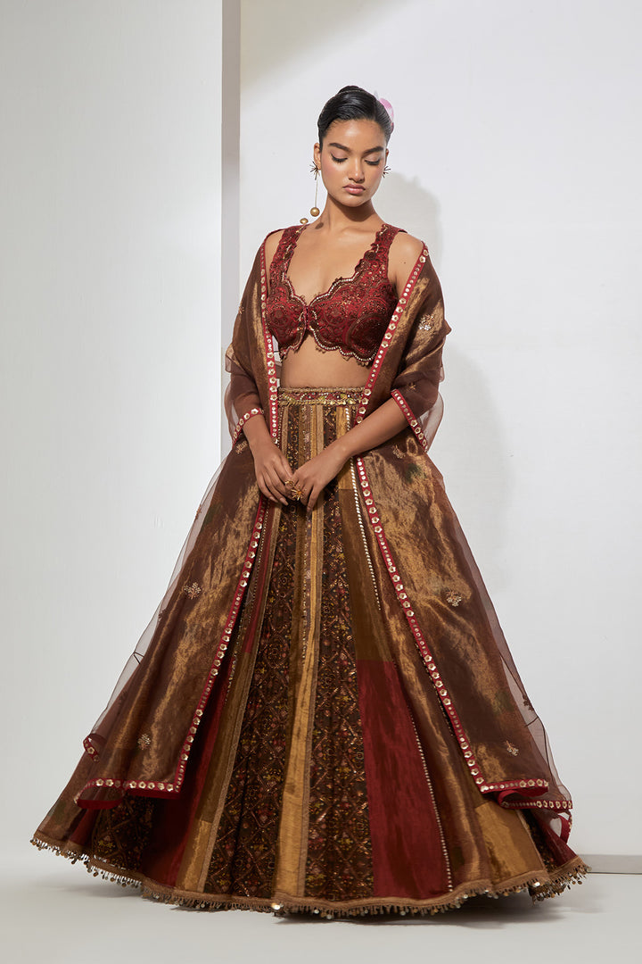 Rust Red &amp; Antique Gold Striped Panel Lehenga Set with Heavy Scalloped Corset Blouse