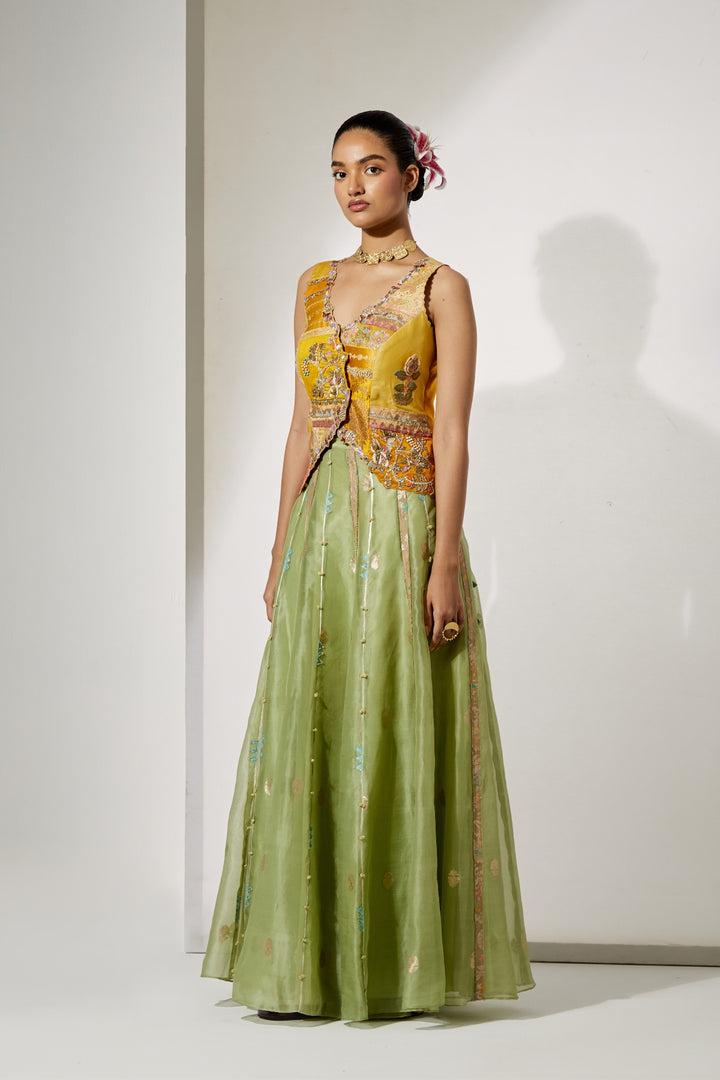 Sunflower Embroidered Corset &amp; Green Organza Skirt Set