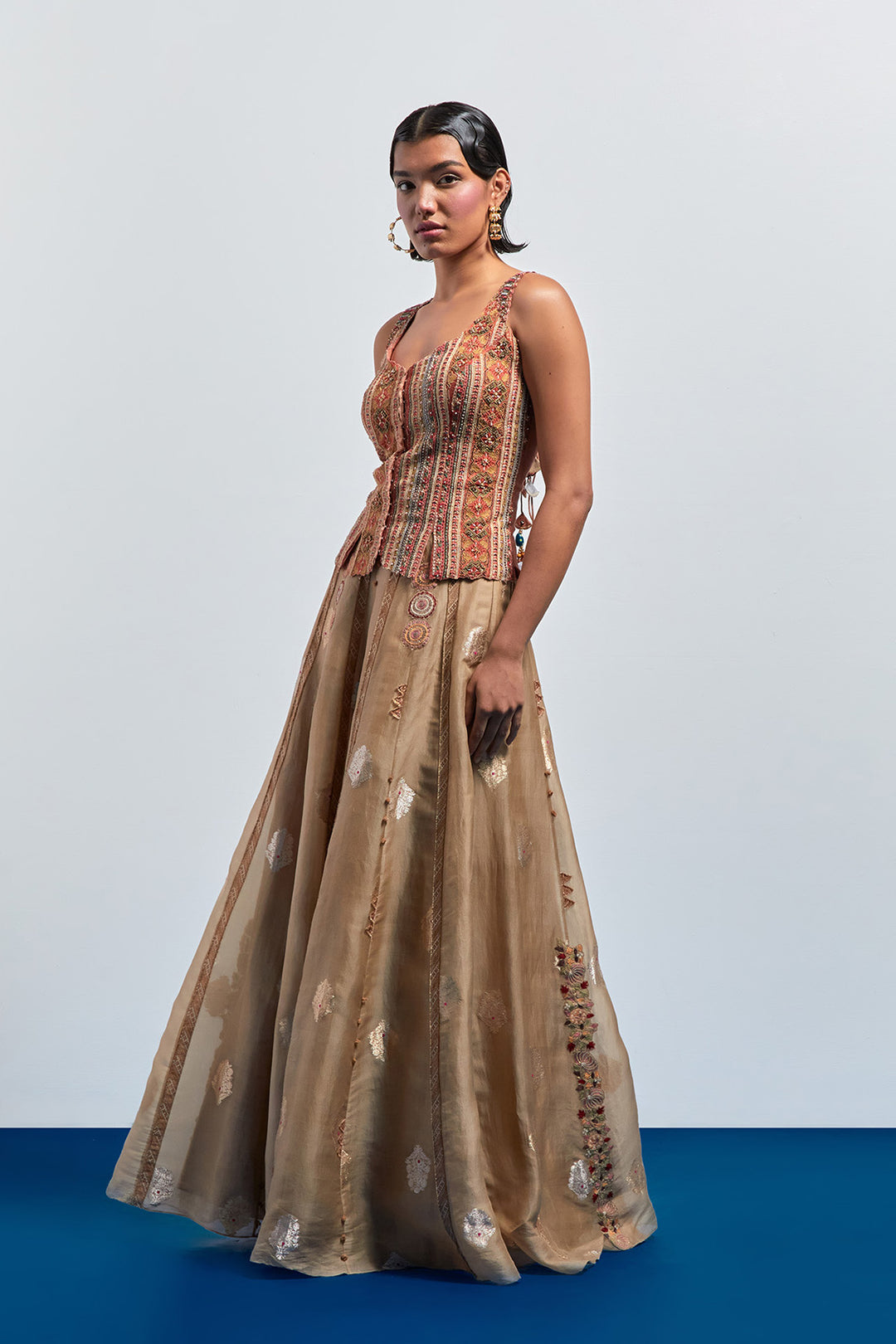 Beige embroidered skirt corset set