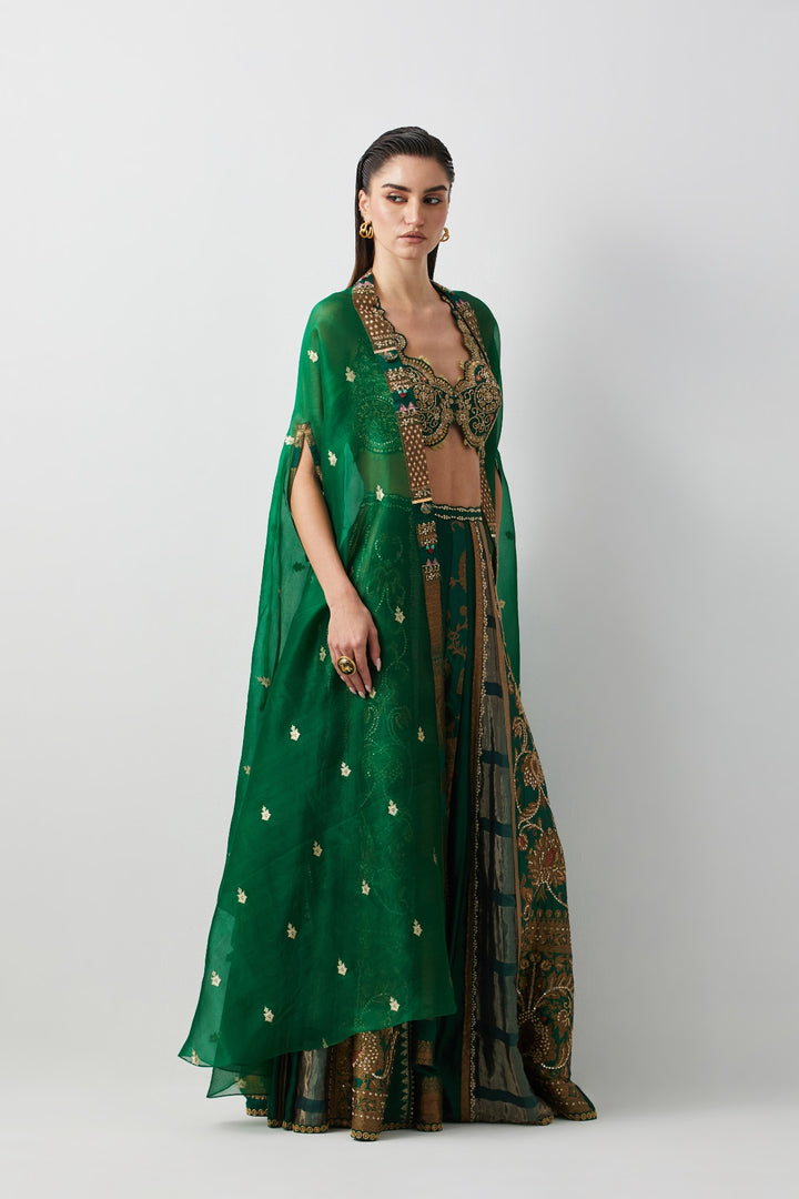 Emerald Green Hand Embroidered Cape Set