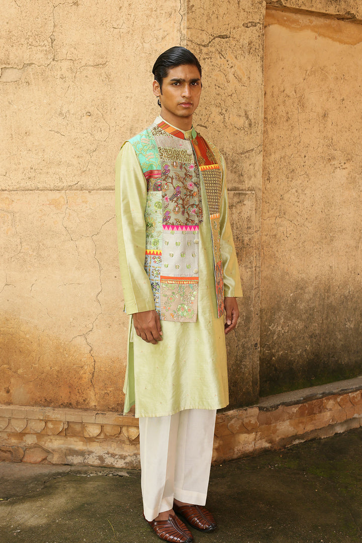 Mint Green Silk Kurta Set with Patchwork Brocade Jacket