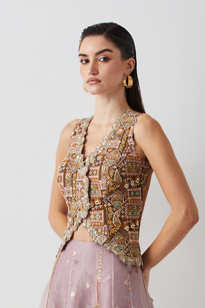 Blush Pink Embroidered Palazzo+Bronze Ornate Embroidered Corset