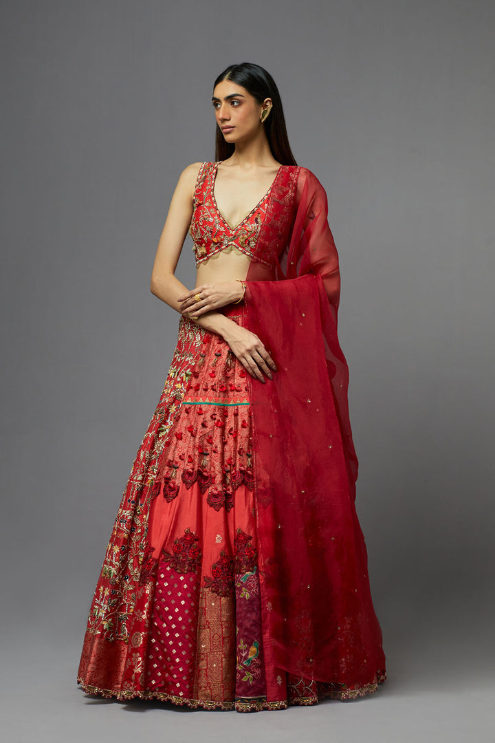Red embroidered lehenga choli with dupatta