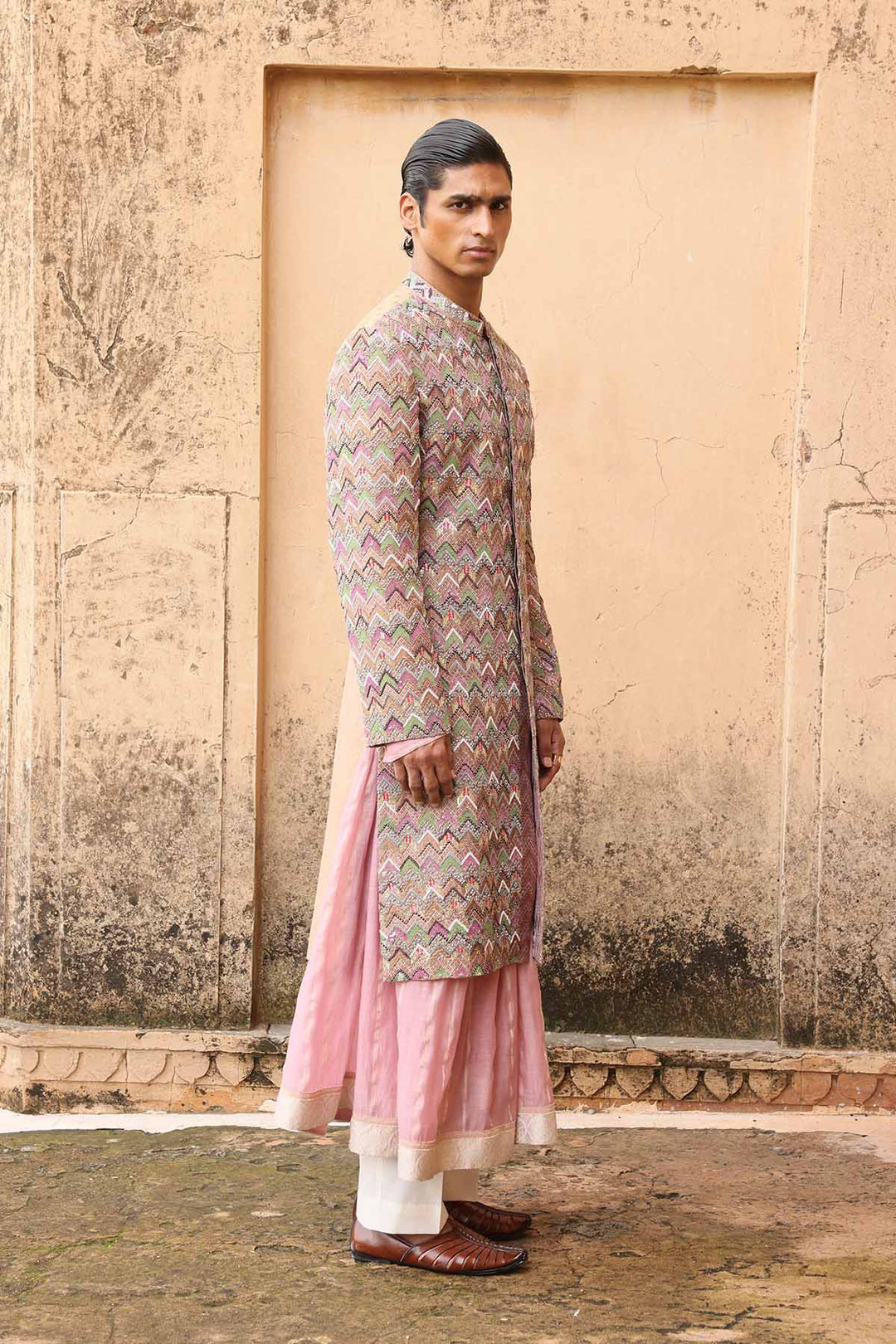 Textured sherwani with layered kurta
