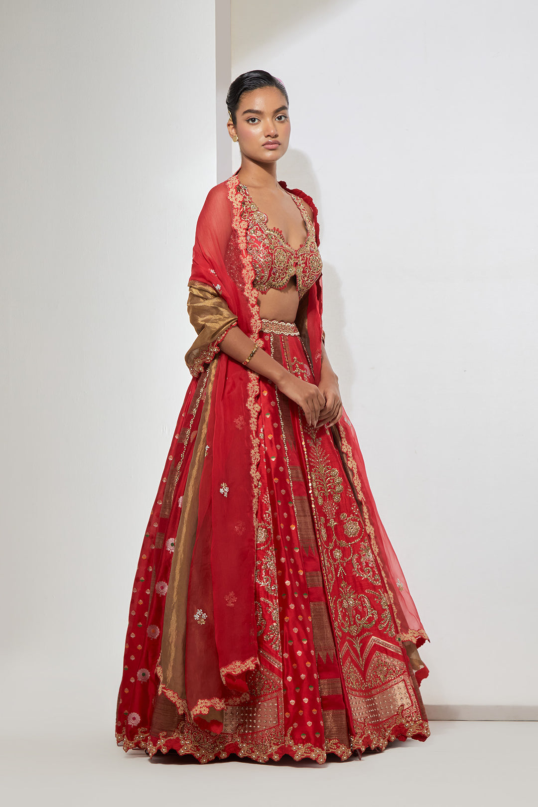 Bridal Red Multi-Panel Banarasi Silk Lehenga Set with Heavy Zardozi Scalloped Blouse