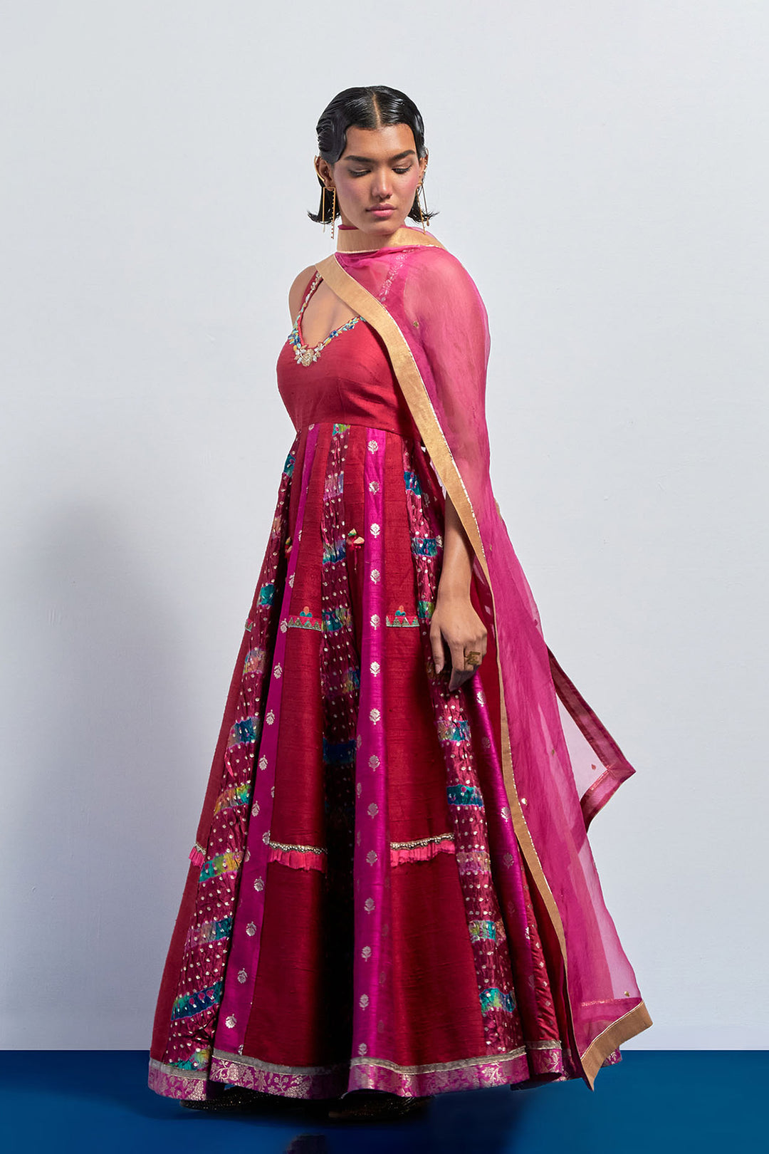 Magenta embroidered anarkali dupatta set.